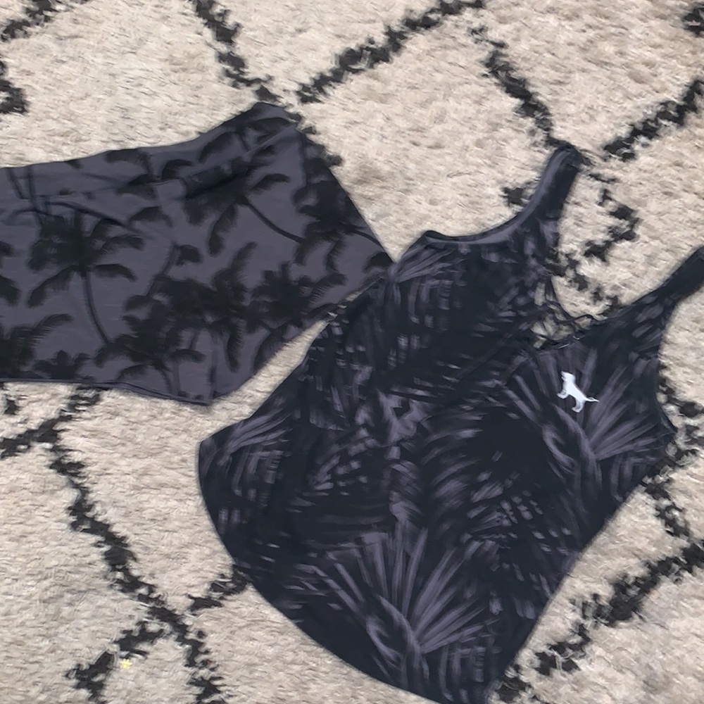 Victoria secret pink 2pcBlack Tropical XS SHORT/Small lace up Tank, NWOT